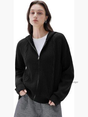 Chunky Knit Cashmere Blend Zip Hoodie Cardigan with Pockets Oversized Fit